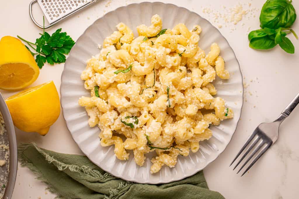 Overhead view of yogurt pasta.