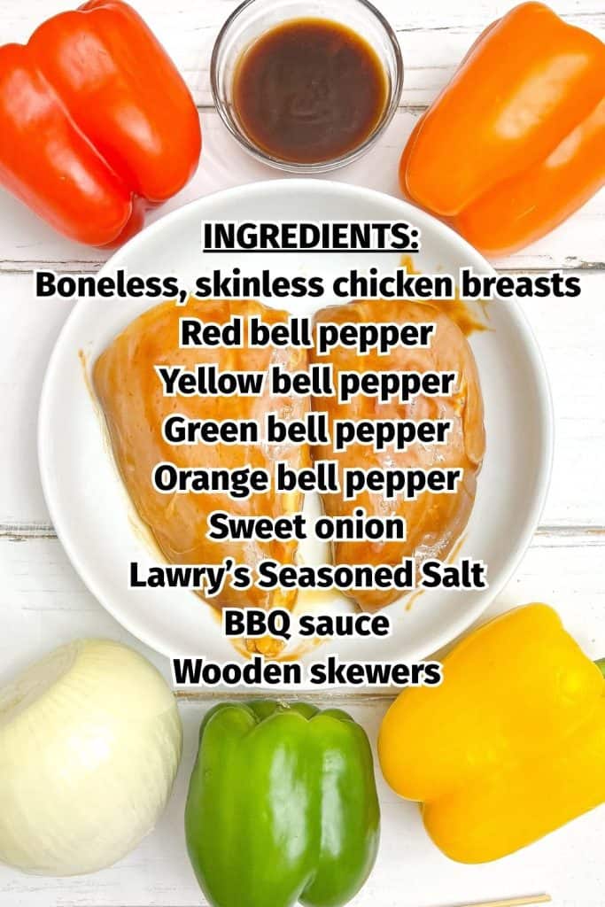 Overhead view of ingredients for chicken kabobs with bell peppers.