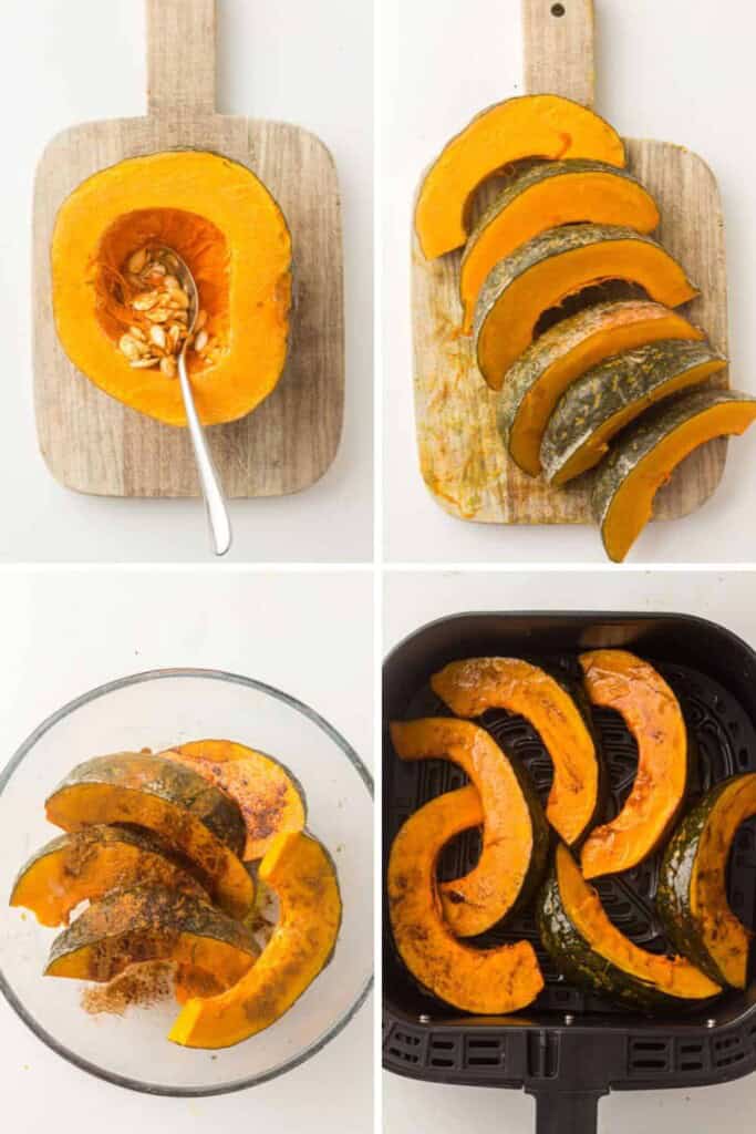 Overhead view of steps for air fryer pumpkin slices.