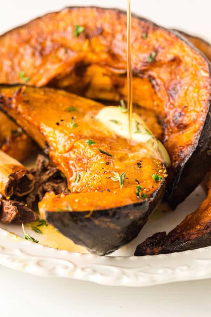 Sliced roasted pumpkin drizzled with Maple syrup.