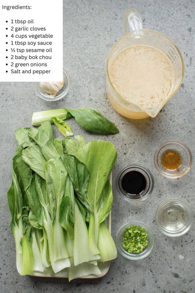 Overhead view of ingredients for Bok Choy Soup.