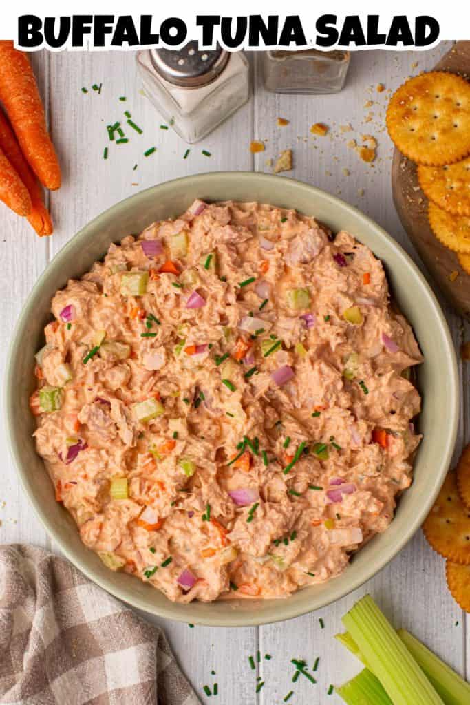 Overhead view of Buffalo Tuna Salad with crackers and fresh veggies.