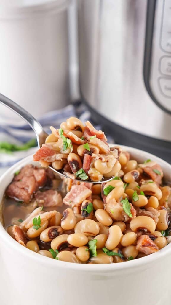 Black Eyed Peas in a white bowl.