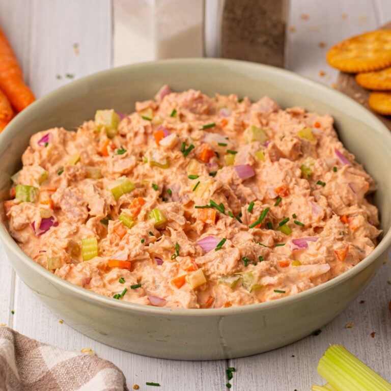 Buffalo Tuna Salad in a shallow, gray ceramic bowl.