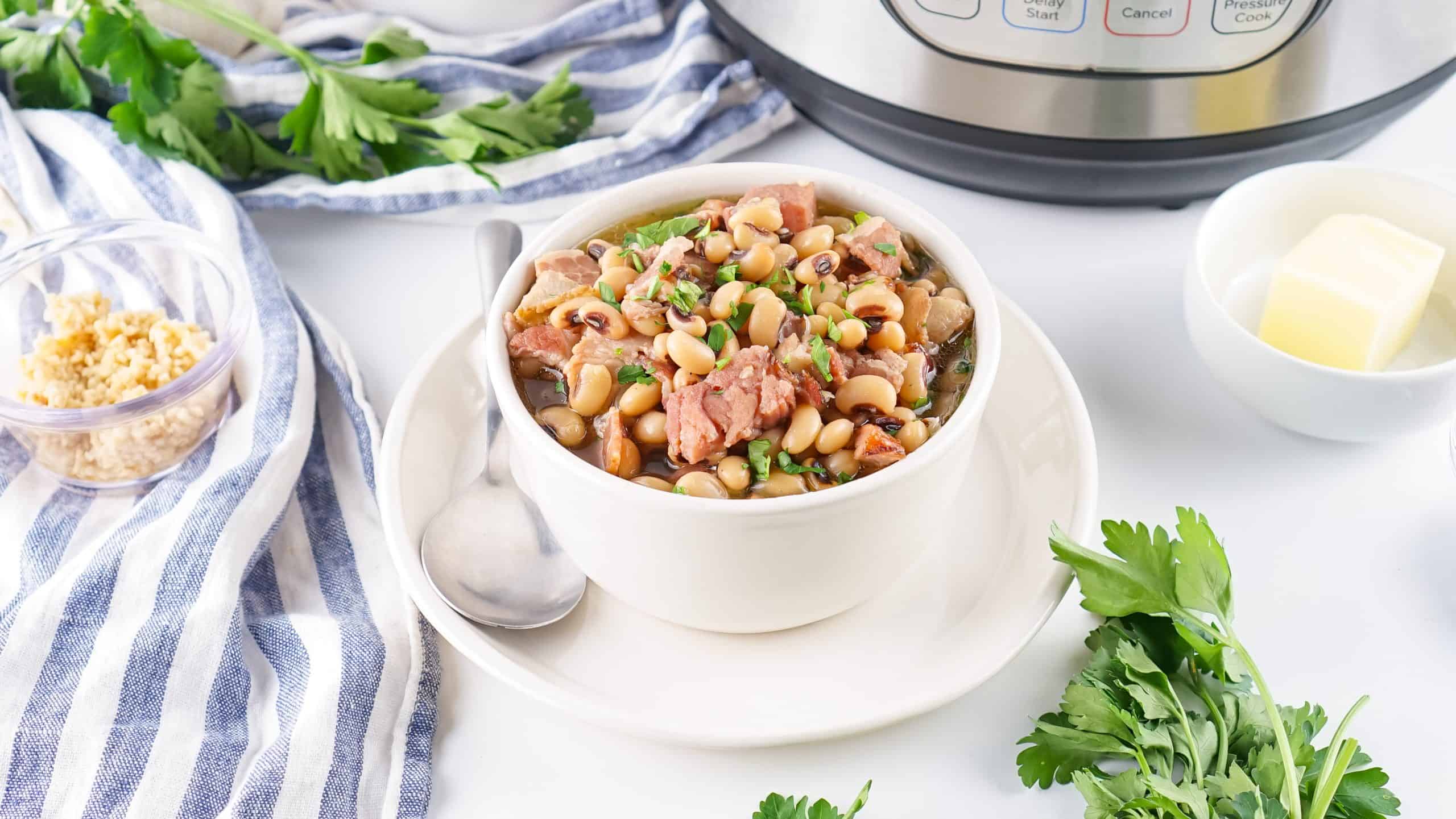 Instant Pot Black Eyed Peas in a white bowl.