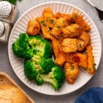 Overhead view of chicken, sweet potatoes and broccoli.