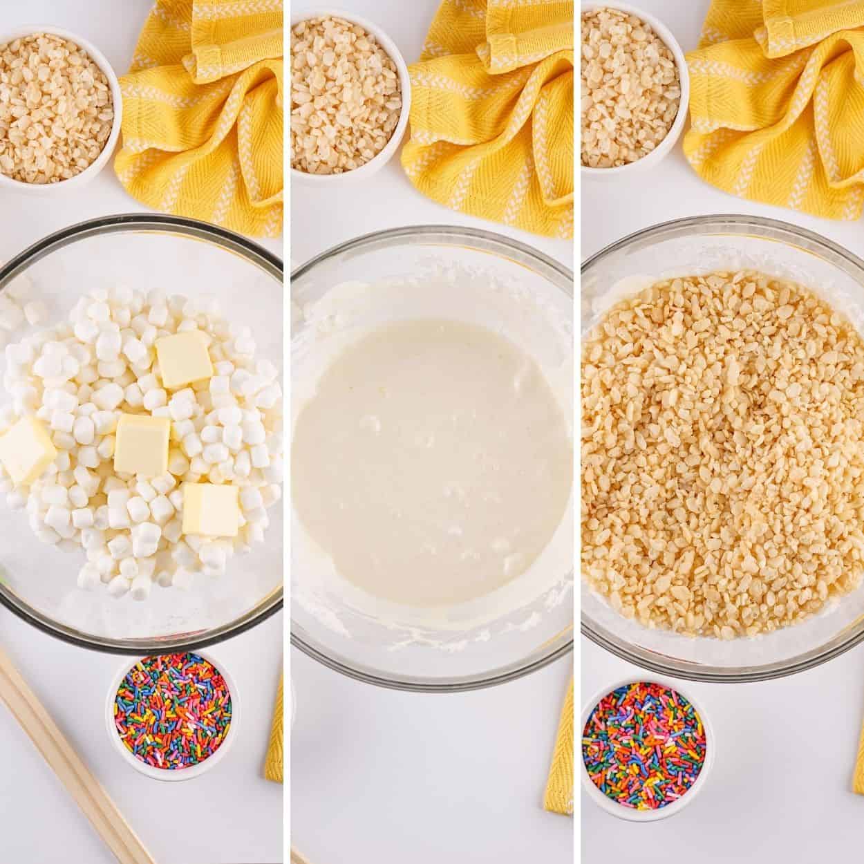 Overhead view of the three steps to making Rice Krispies treats.