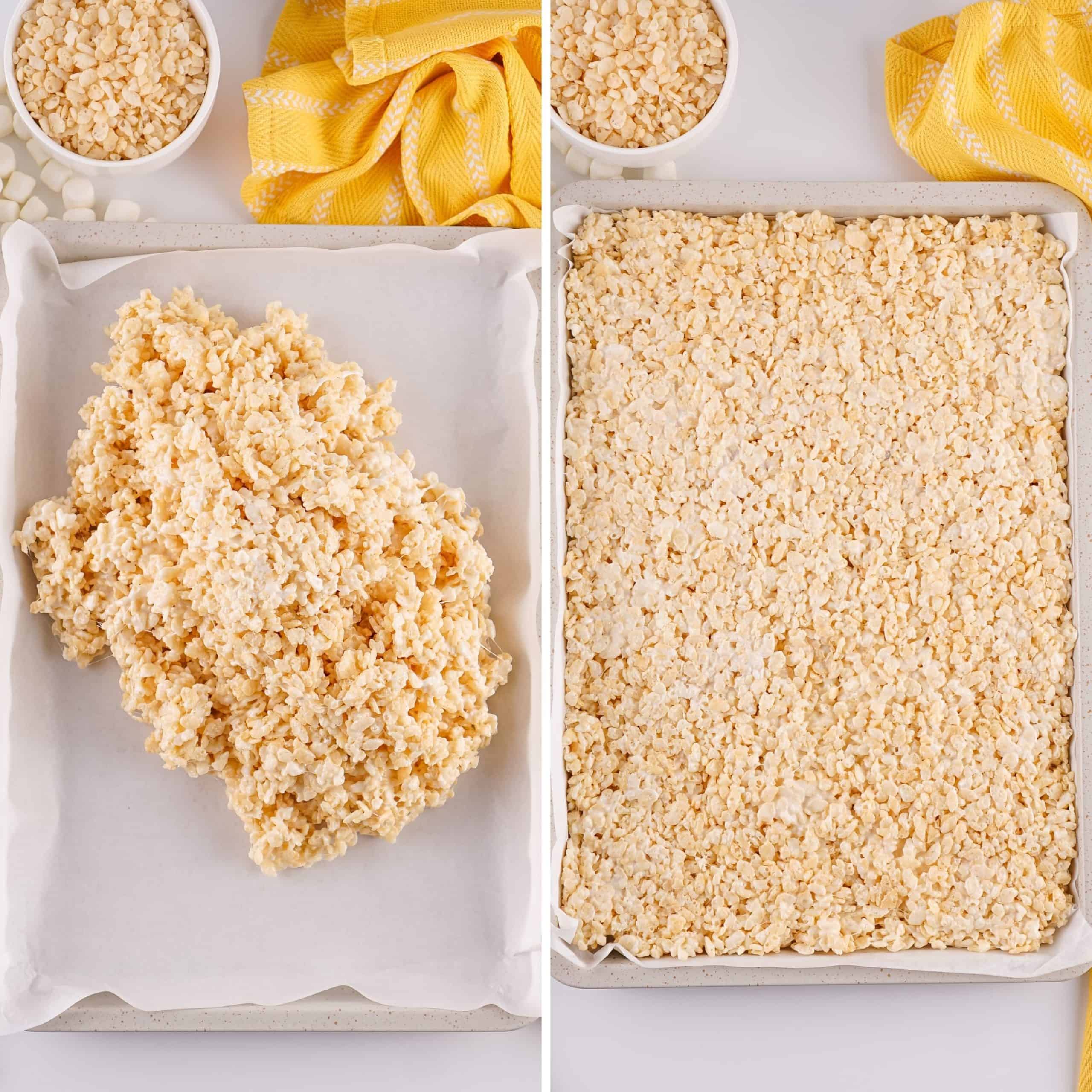 Overhead view of steps to make Microwave Rice Krispies Treats and pressing it into a sheet pan.