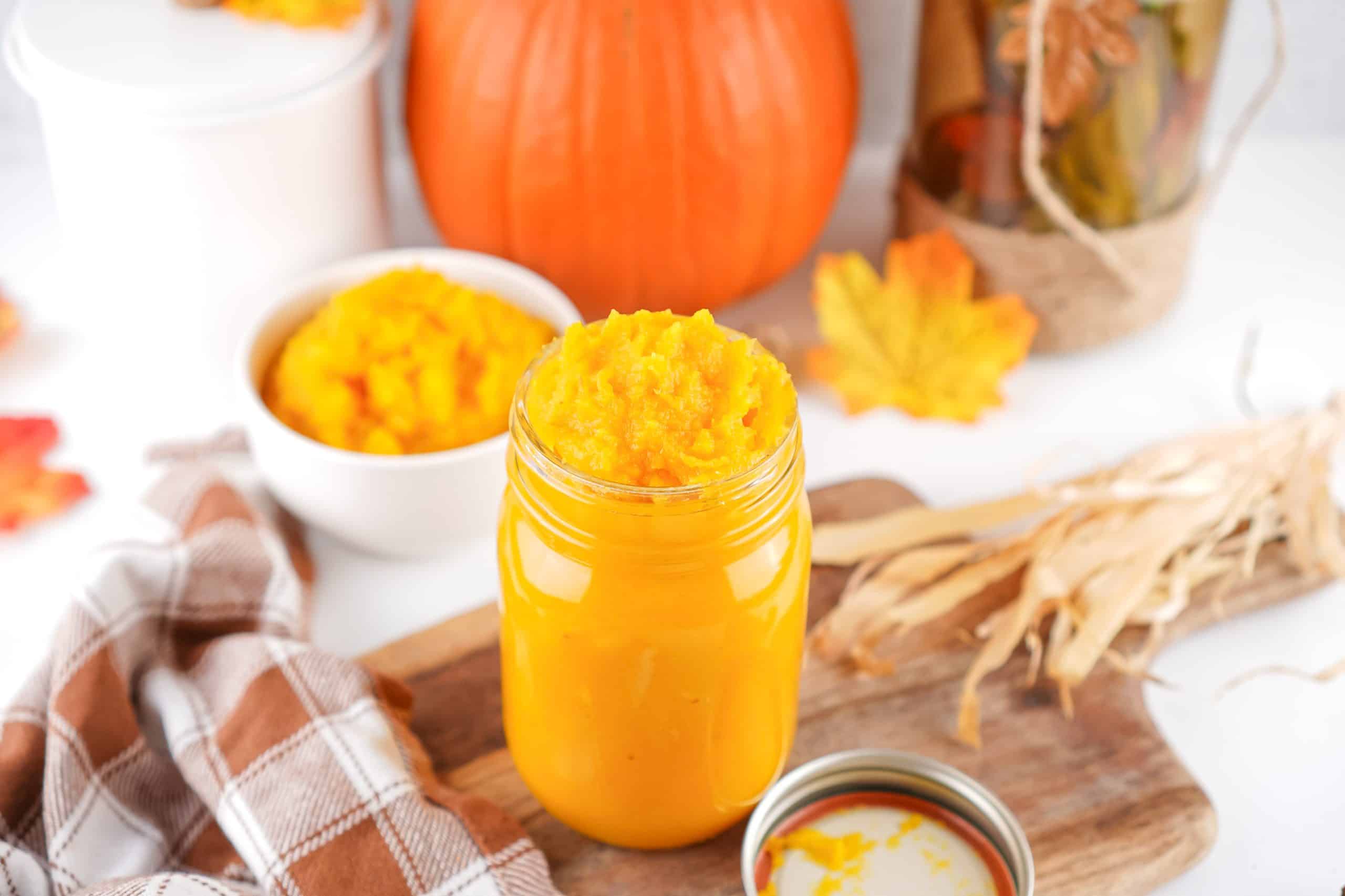 Overhead view of pumpkin puree.