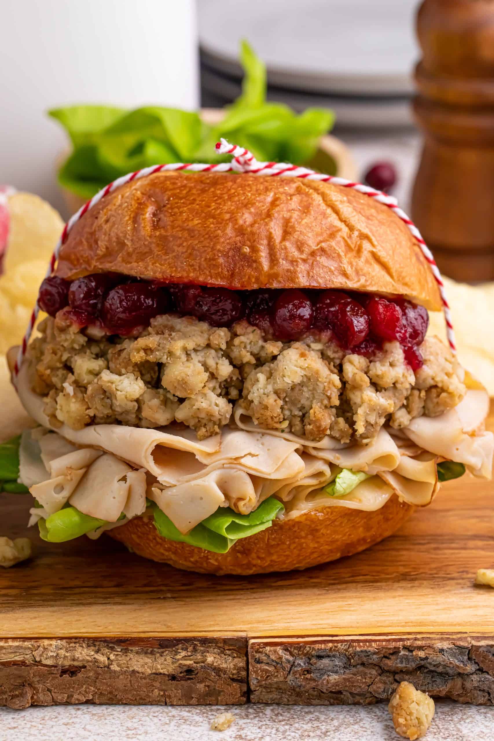 Turkey, stuffing and cranberry sauce on Brioche buns.