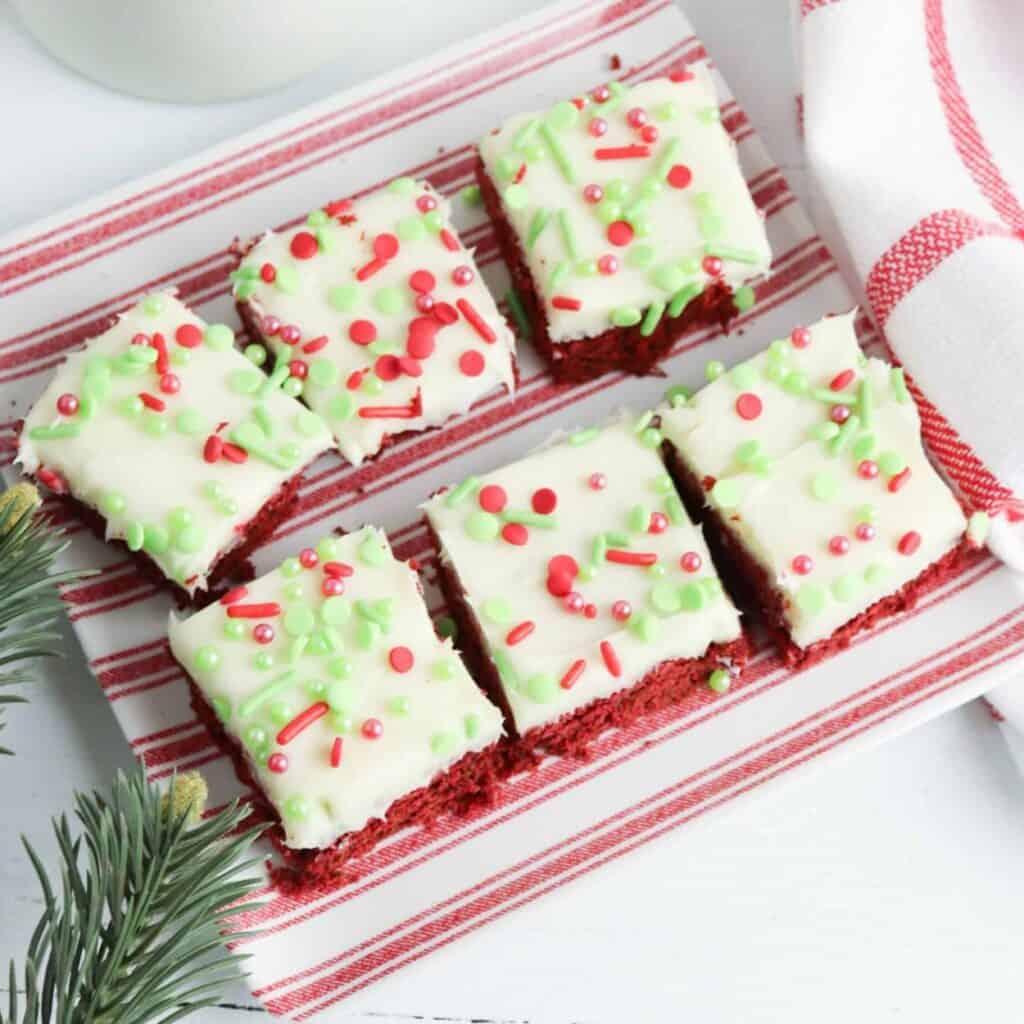 Overhead view of red velvet cookie bars.