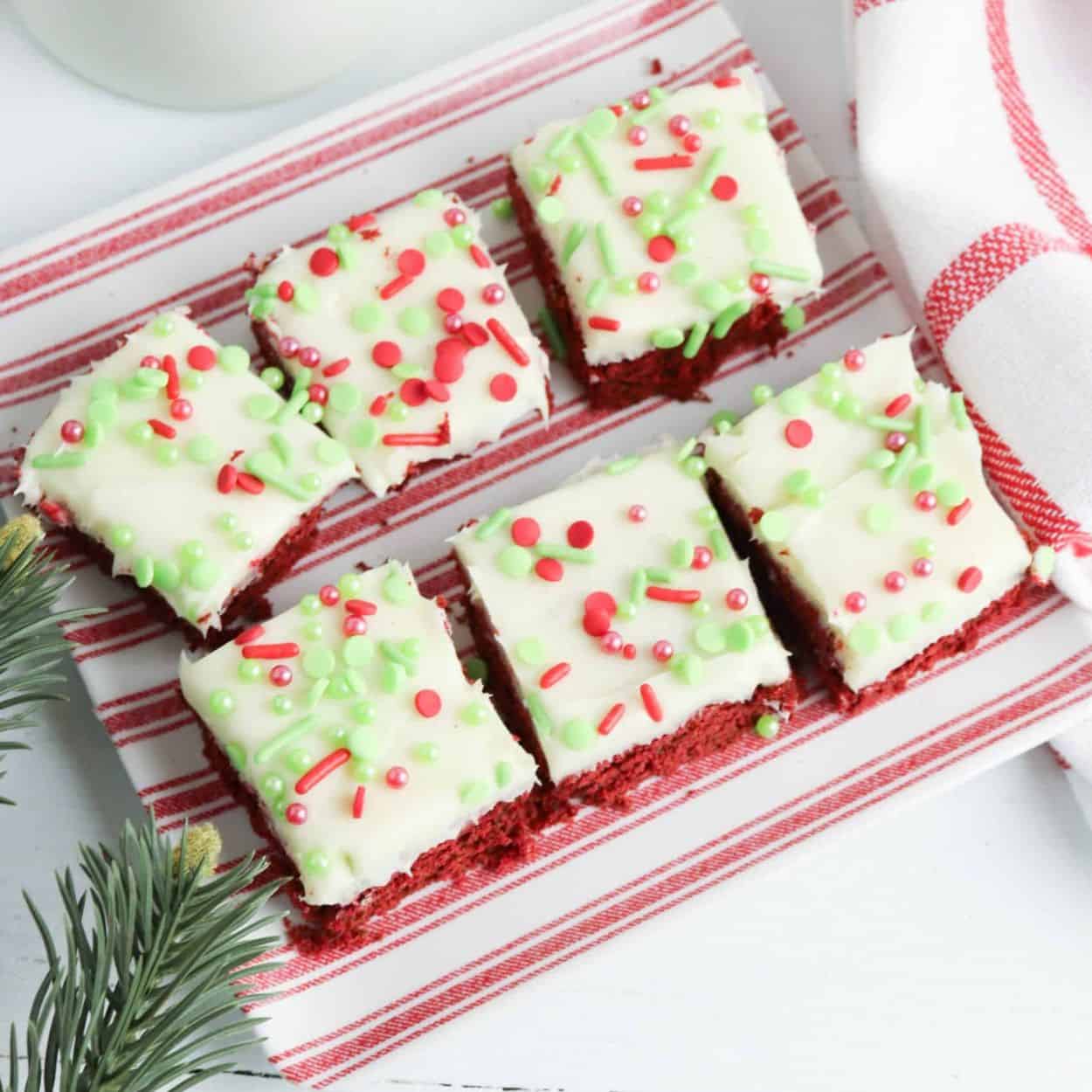 Overhead view of red velvet cookie bars.