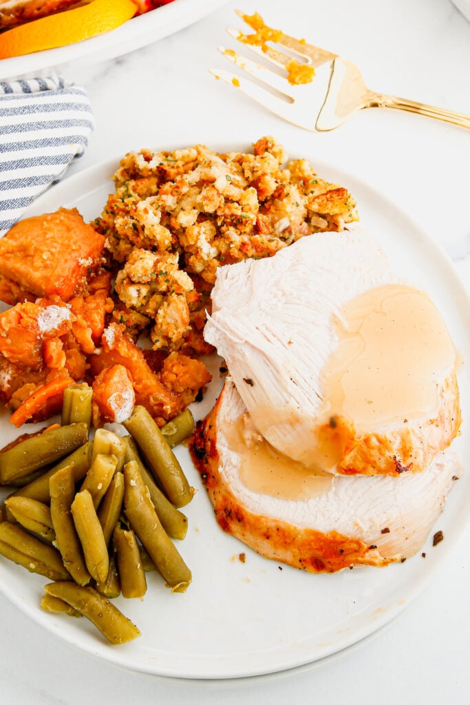 Overhead view of turkey dinner.