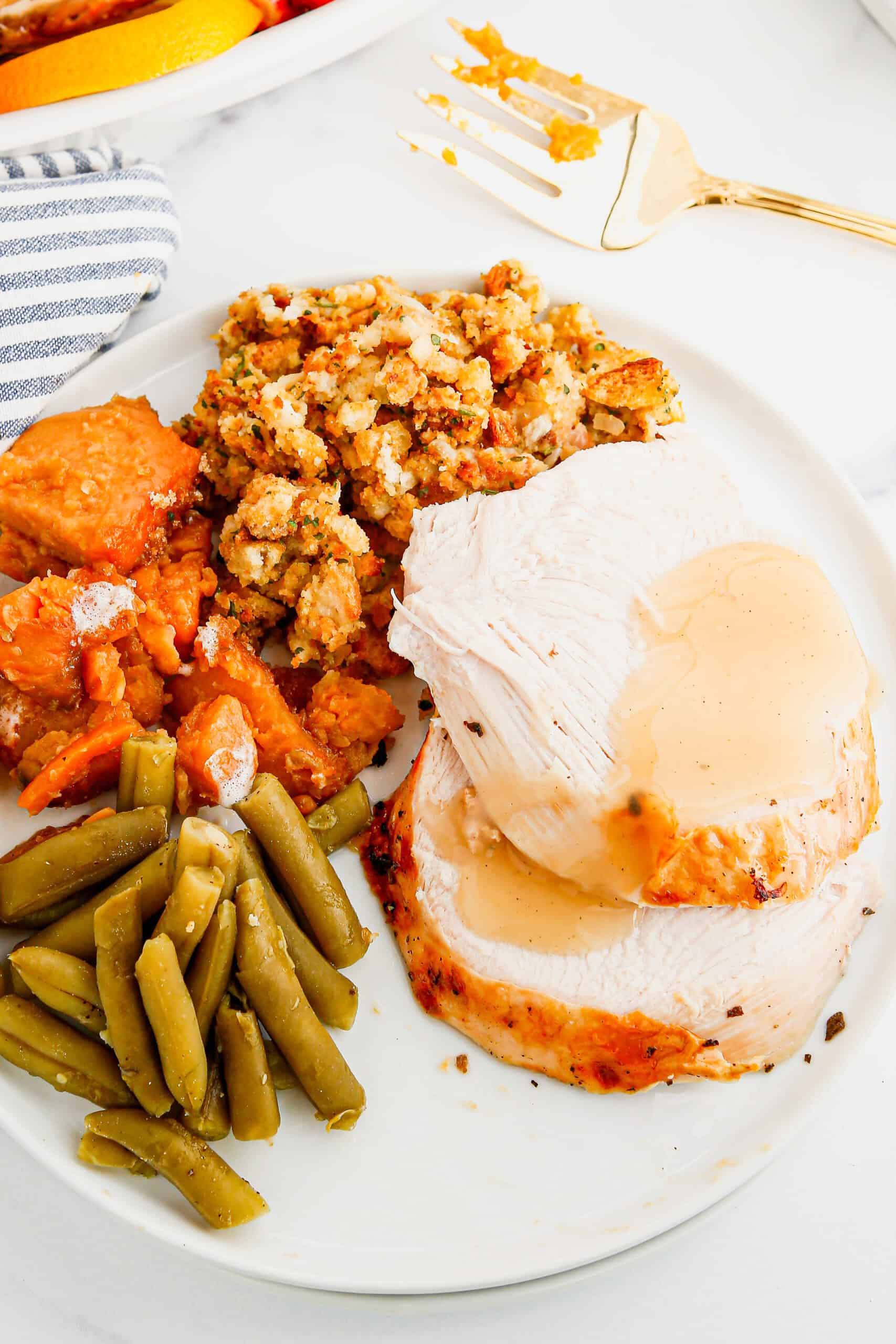 Overhead view of turkey dinner.