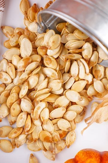 Roasted pumpkin seeds poured out of small tin bucket