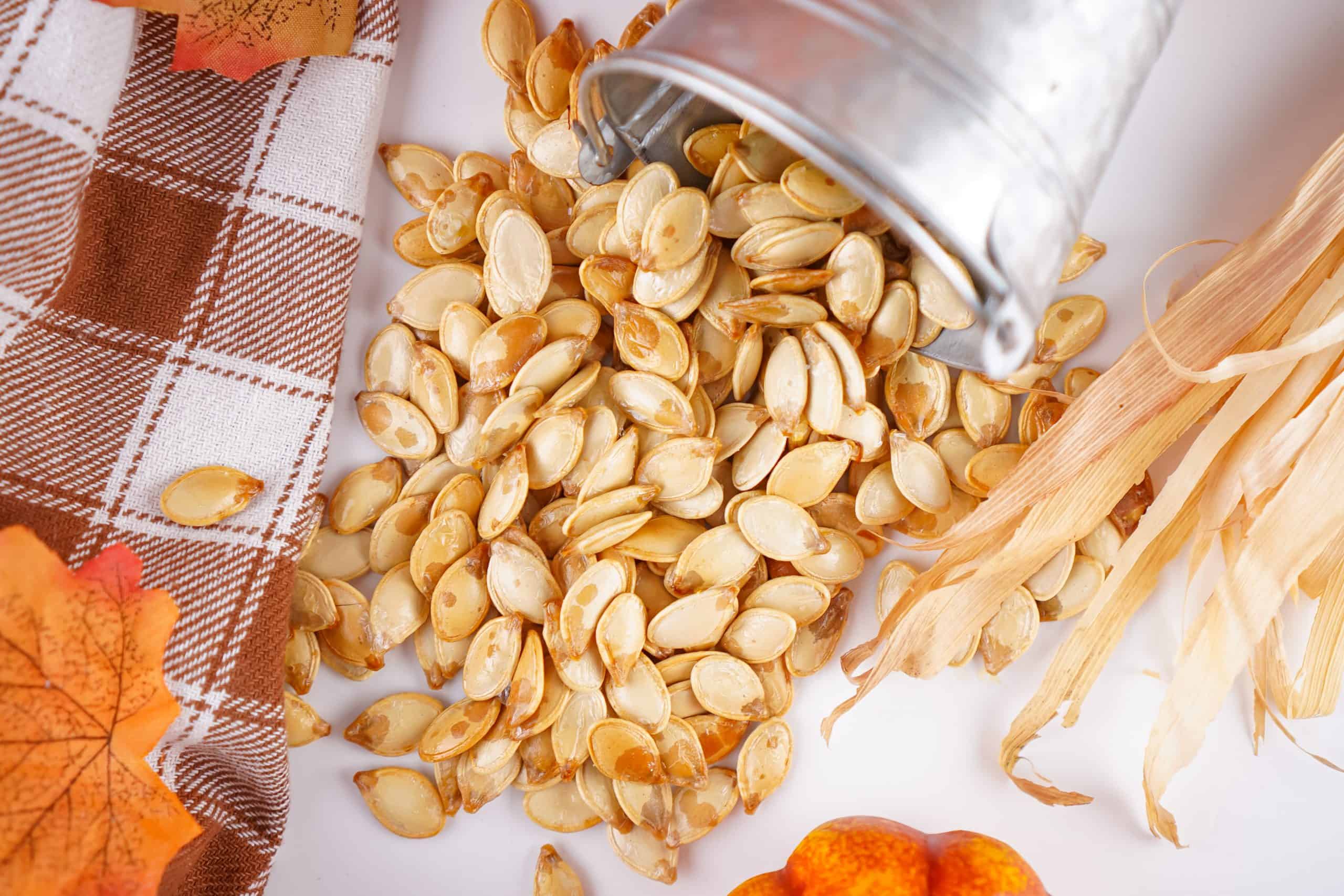 Roasted pumpkin seeds poured out of small tin bucket