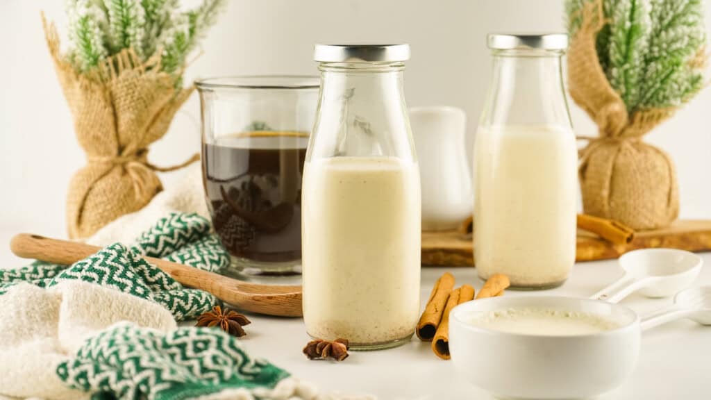 Eggnog coffee creamer bottles.