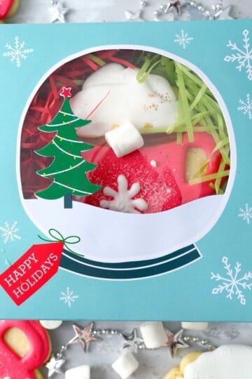 overhead view of hot cocoa mug cookie box.