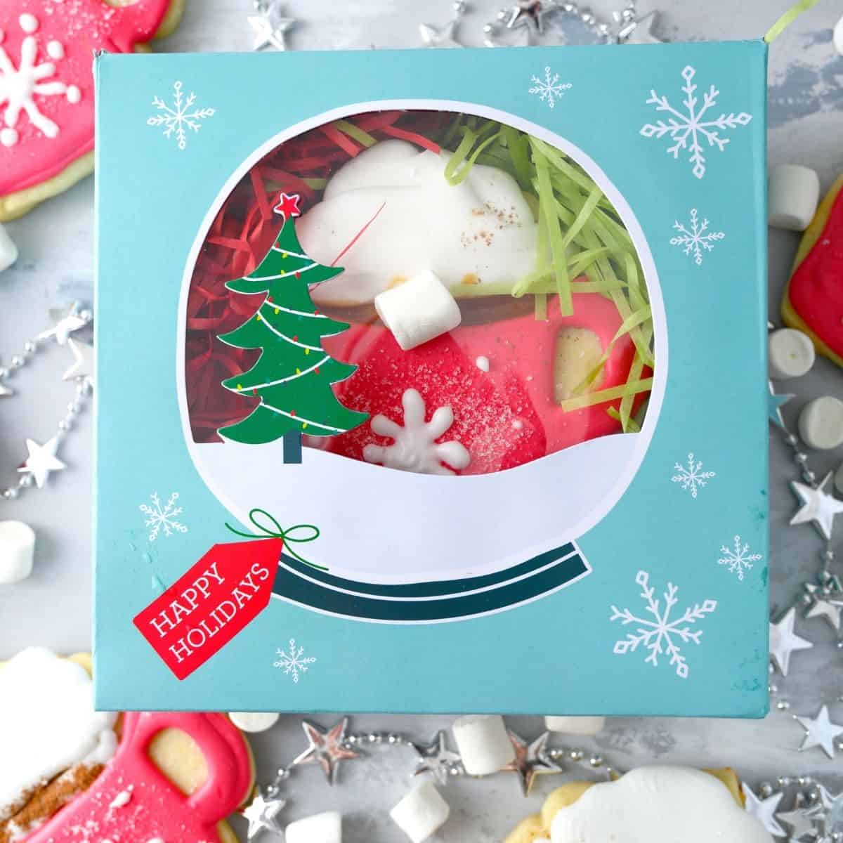 overhead view of hot cocoa mug cookie box.