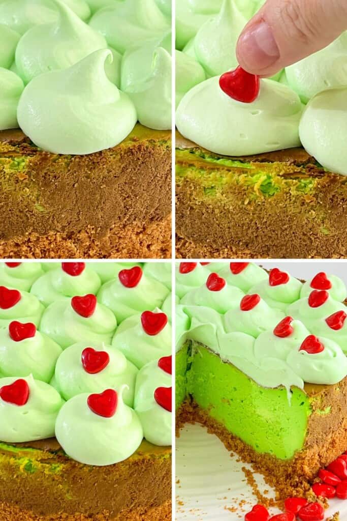 Steps for decorating the Grinch Cheesecake.