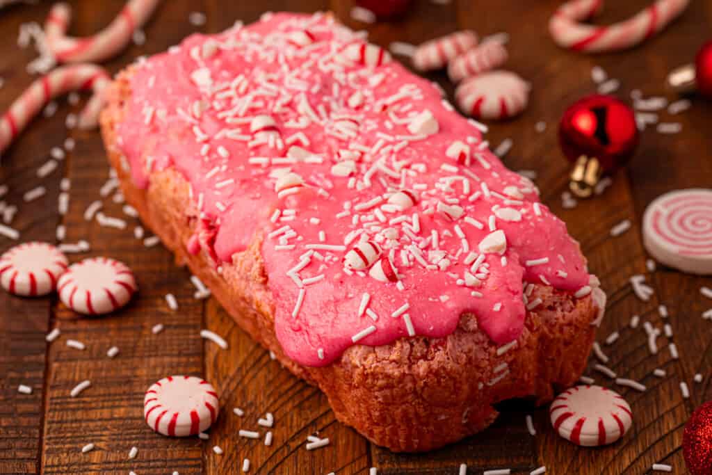 Ice cream peppermint bread with pink frosting and sprinkles.