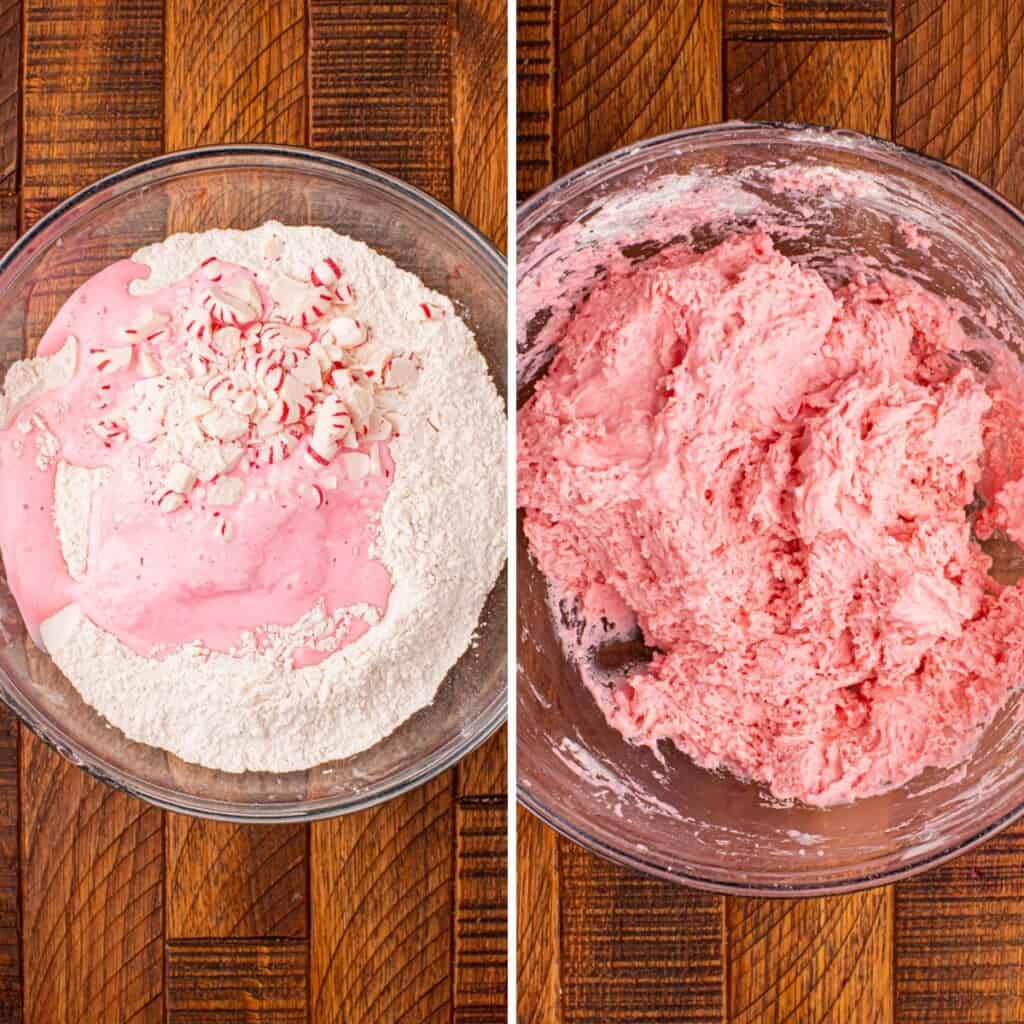 Overhead view of peppermint cake bread ingredients in a bowl.