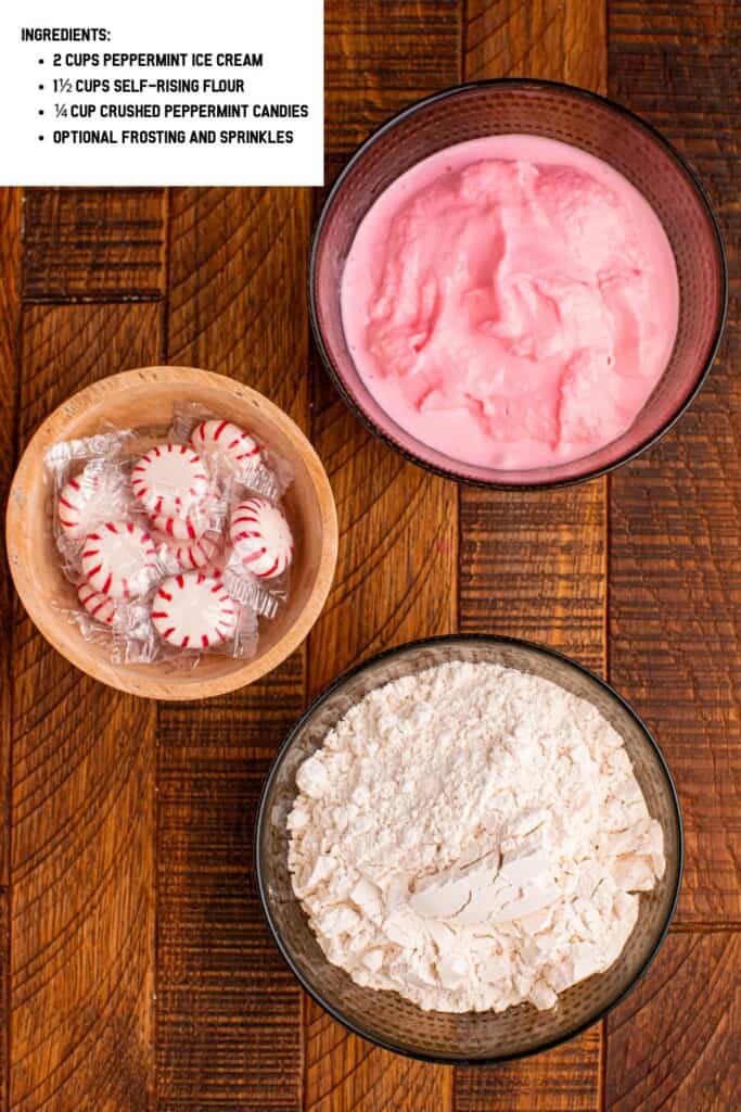 Overhead view of Peppermint Ice Cream Bread Ingredients.