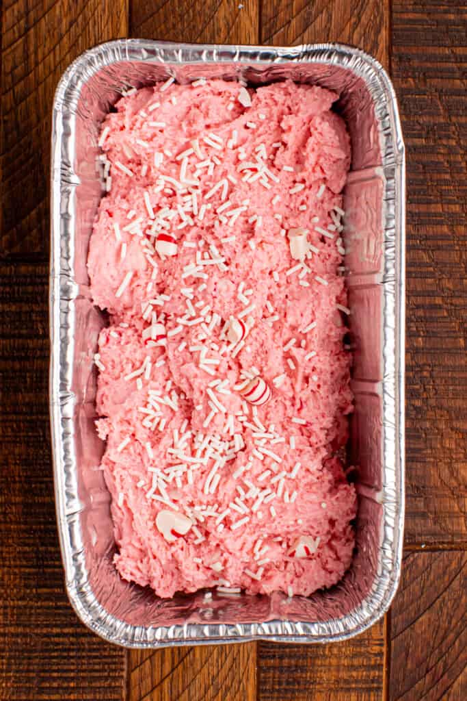 peppermint bread cake in a loaf pan.