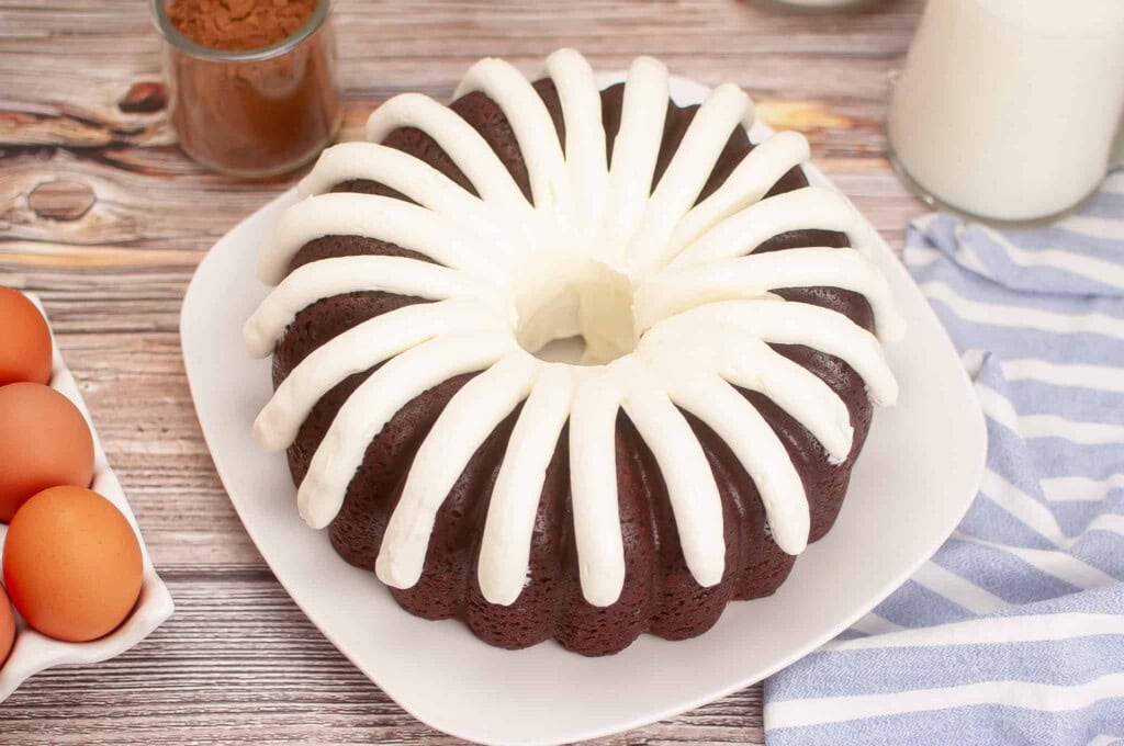 Overhead view of Red Velvet Bundt Cake.
