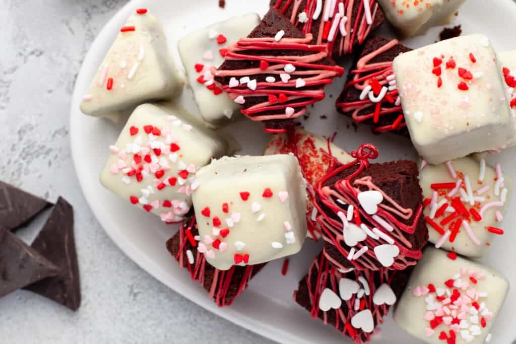 Overhead view of Valentine's Day Brownie Bites.