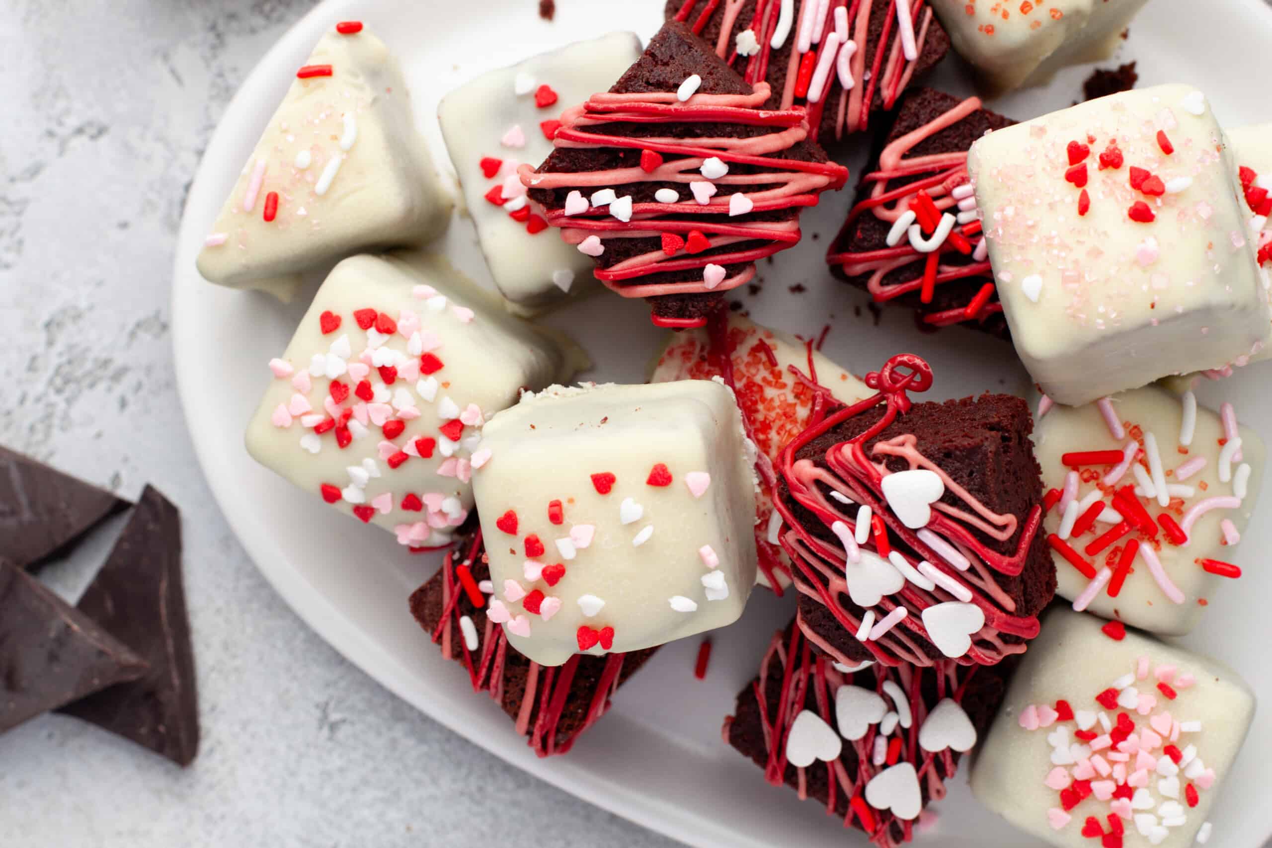 Overhead view of Valentine's Day Brownie Bites.