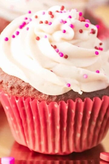 Red velvet cupcake with truffle center.