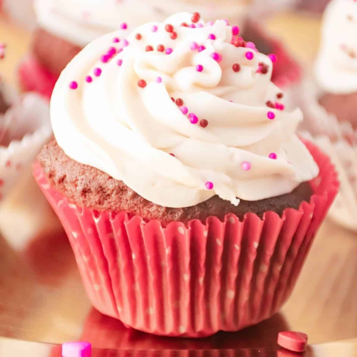Red velvet cupcake with truffle center.