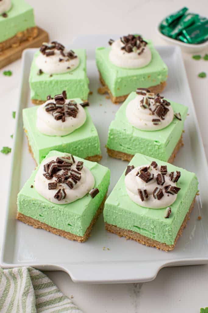 Overhead view of Andes Mints cheesecake bars.