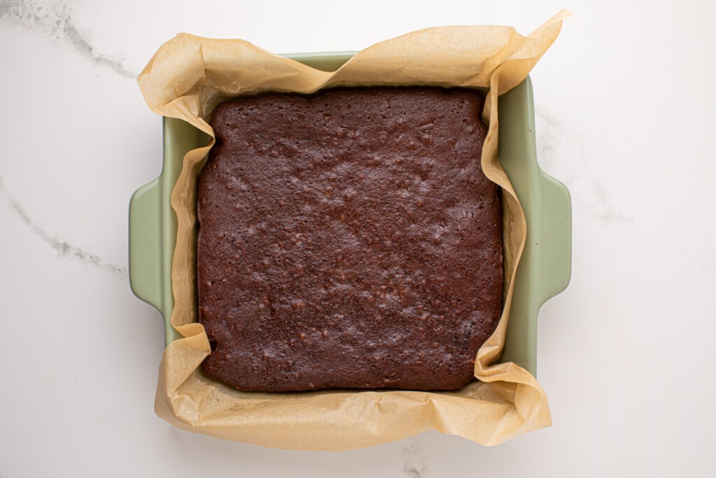 Overhead view of Guinness Brownies in baking dish.