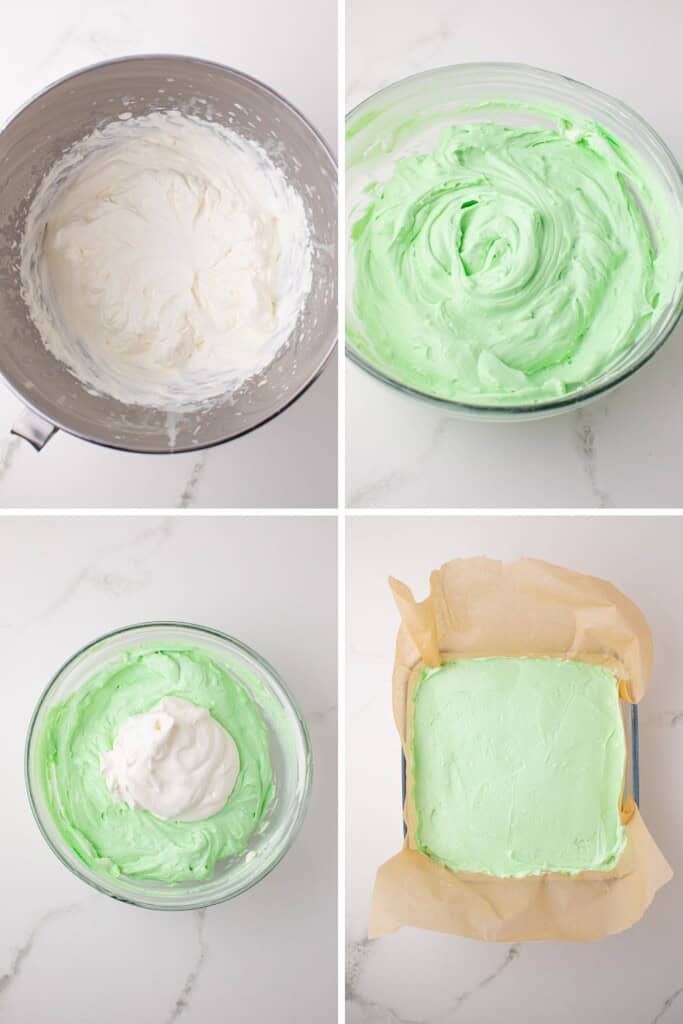 Overhead view of steps to make mint cheesecake filling.