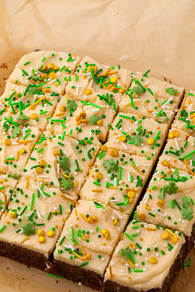 Overhead view of sliced Guinness Brownies with cream frosting.
