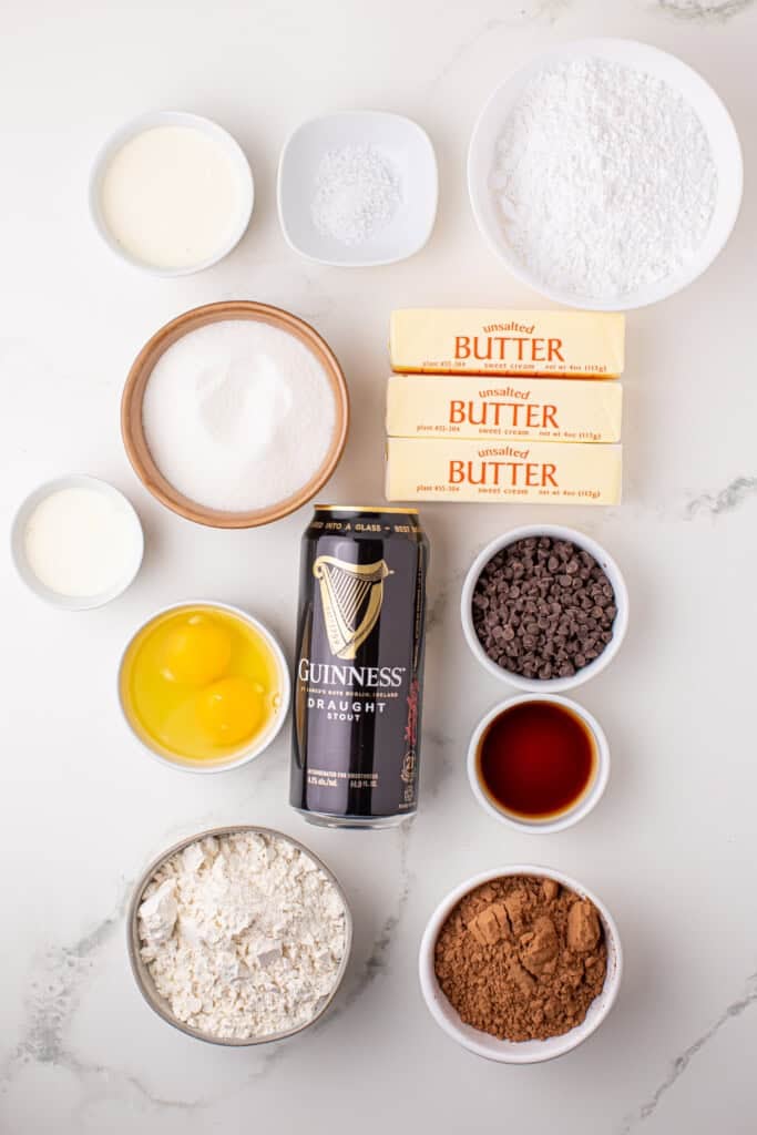 Overhead view of GUINNESS BROWNIES WITH IRISH CREAM Frosting Ingredients.