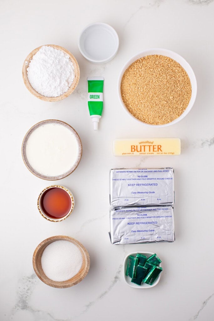 Overhead view of Mint Cheesecake Bar Ingredients.