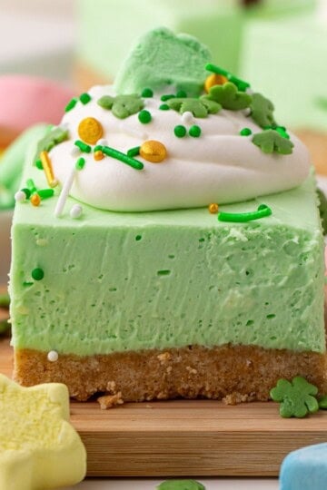head-on view of shamrock mint cheesecake bar.