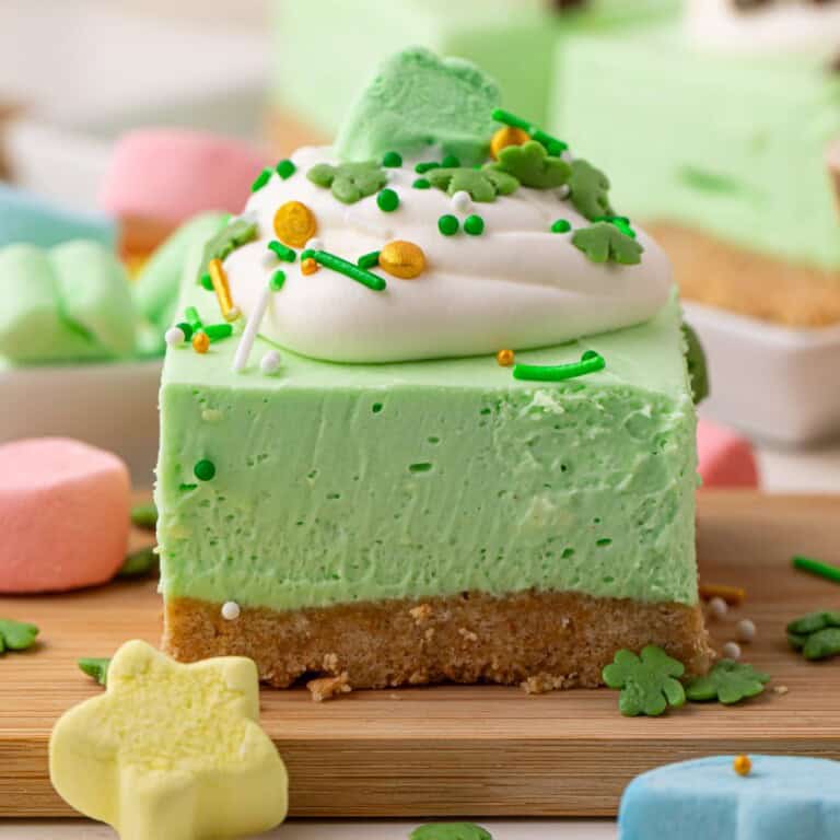 head-on view of shamrock mint cheesecake bar.
