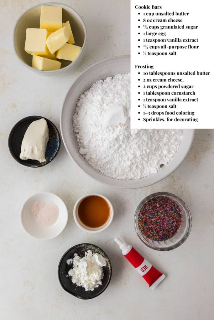 Overhead photo of cream cheese sugar cookie ingredients.