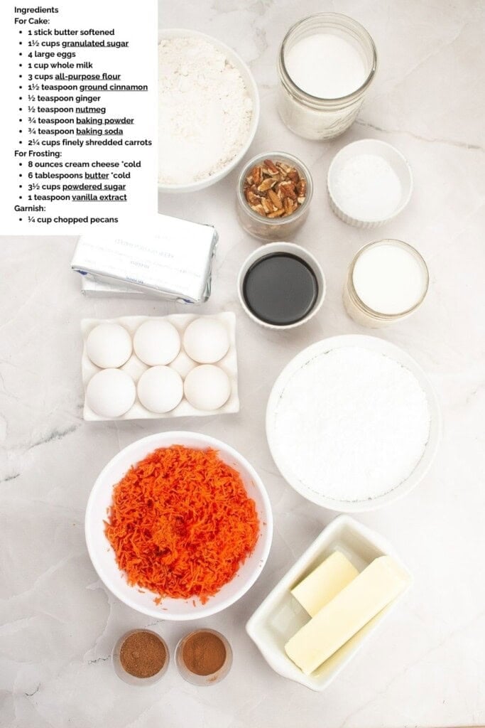 Ingredients for copycat Nothing Bundt Cakes carrot cake including shredded carrots, flour, eggs, butter, cream cheese, and pecans
