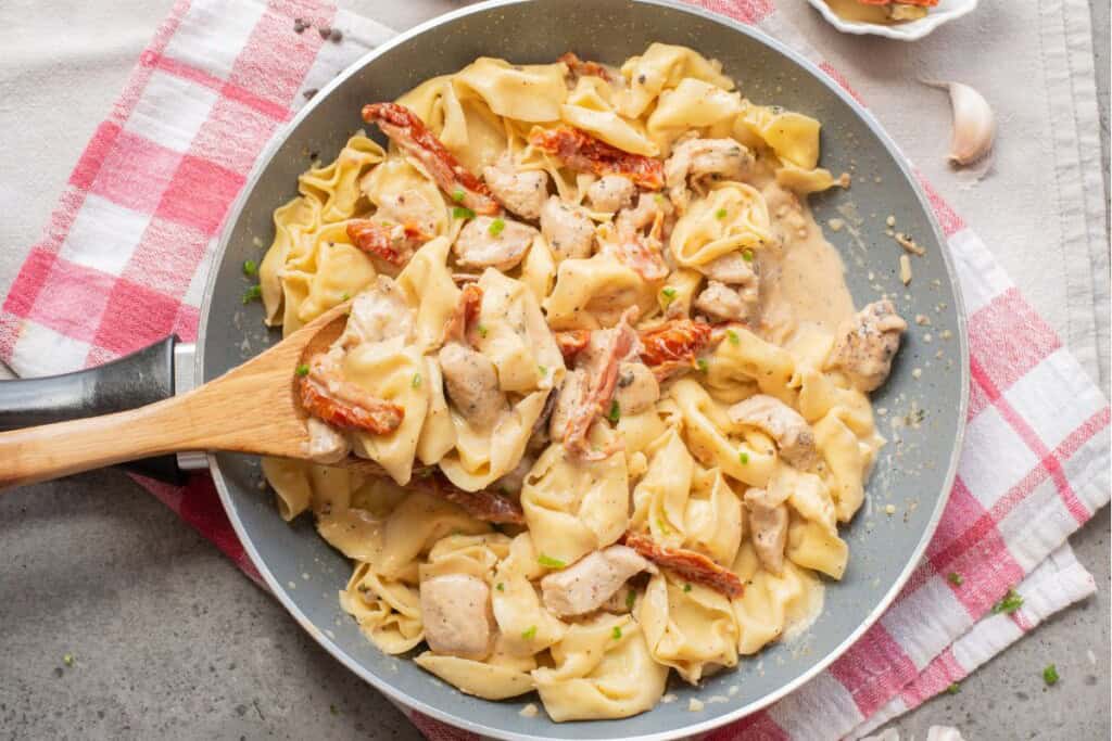 overhead view of marry me chicken skillet.