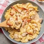 overhead view of marry me chicken skillet.