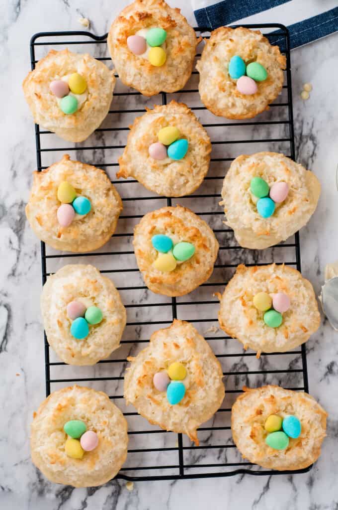 overhead view of birds nest coconut macaroon cookies.