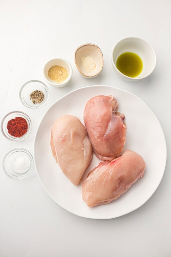 overhead view of ingredients needed to make air fryer chicken breast.