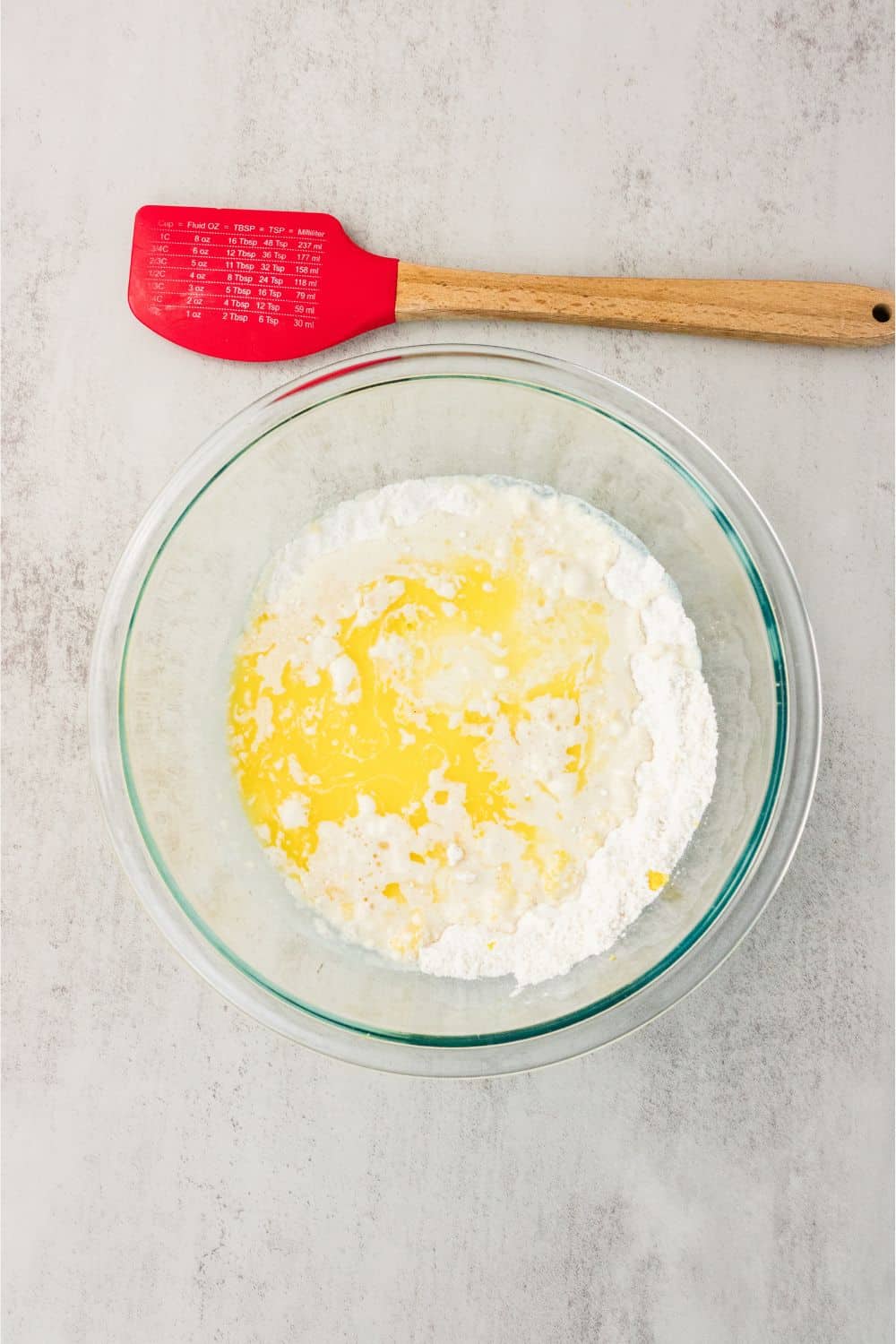 Dairy free milk and melted dairy free butter added to the gluten free dry ingredients