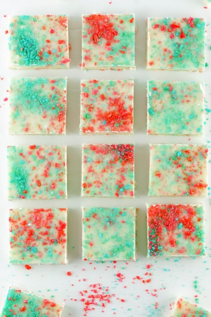 Overhead view of firecracker fudge cut into squares