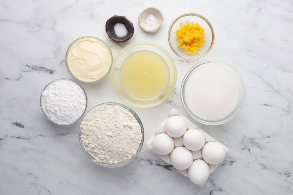 Overhead view of lemon meringue mini tarts ingredients